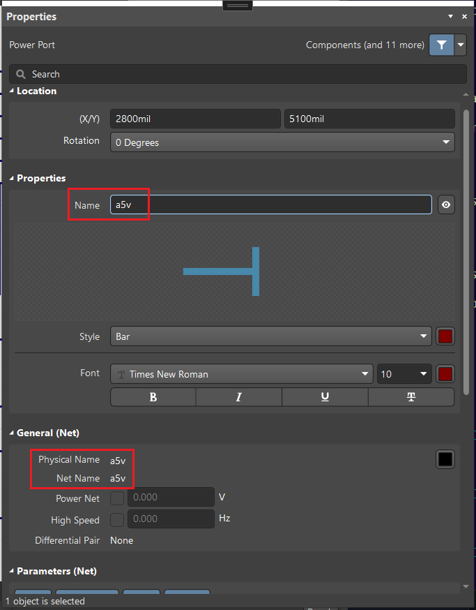 Altium Power Port Properties Panel